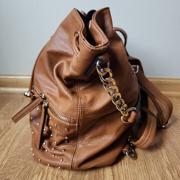 Black Rivet Brown Shoulder Purse Bucket Bag Back Pack Inner Outer Pockets - Picture 2 of 12